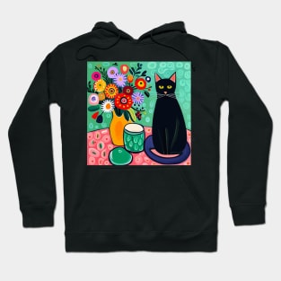 Black Cat with Still Life Flowers in a Yellow Vase Still Life Painting Hoodie